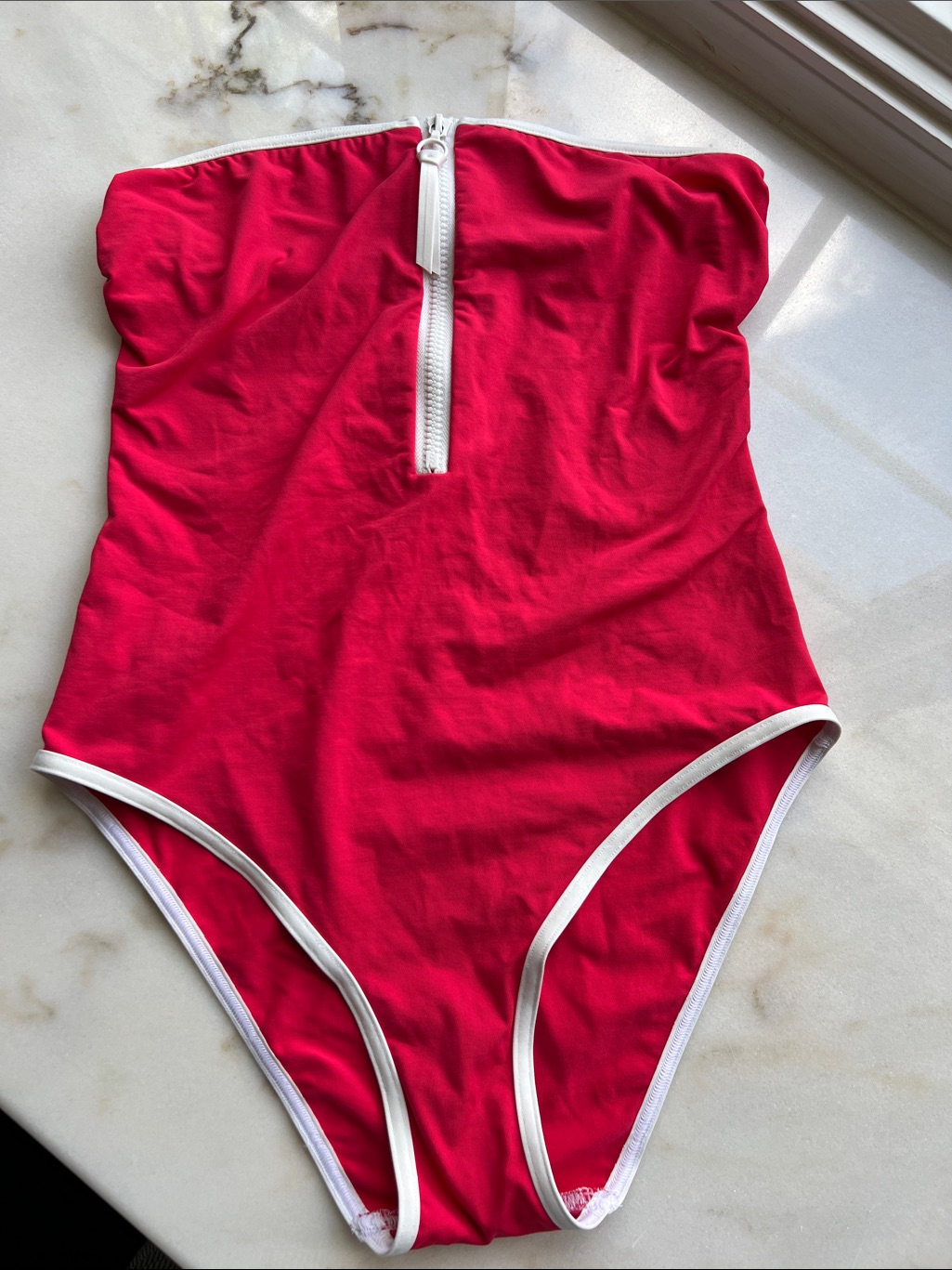 Strapless Red One-Piece Swimsuit With White Trim